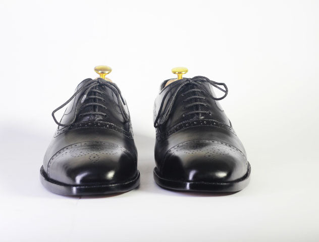 Handmade Men's Black Cap Toe Brogue Leather Lace Up Shoes, Men Designer Dress Formal Luxury Shoes - theleathersouq