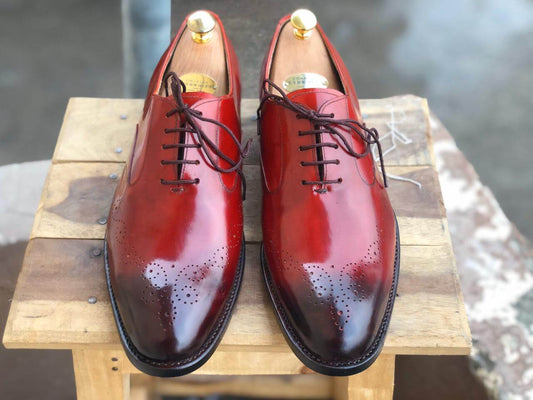 Handmade Men's Burgundy Brogue Toe Leather Lace Up Shoes, Men Designer Dress Formal Luxury Shoes - theleathersouq