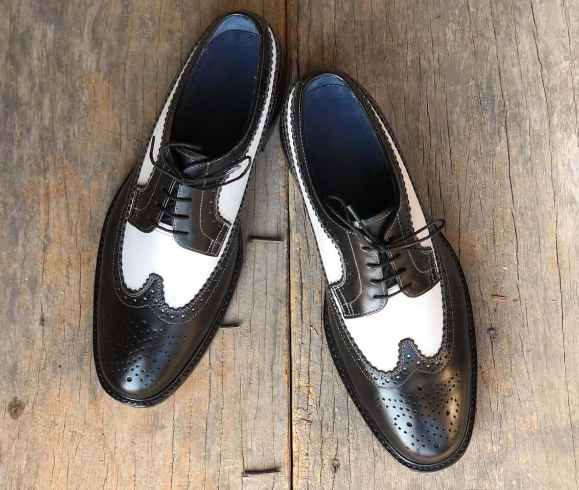 Handmade Men's White Black Wing Tip Brogue Leather Lace Up Shoes, Men Designer Dress Formal Luxury Shoes - theleathersouq