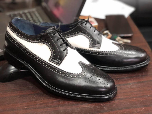 Handmade Men's White Black Wing Tip Brogue Leather Lace Up Shoes, Men Designer Dress Formal Luxury Shoes - theleathersouq