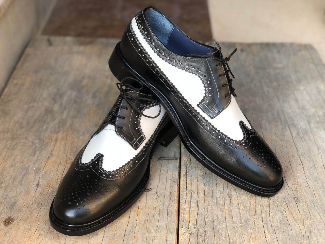 Handmade Men's White Black Wing Tip Brogue Leather Lace Up Shoes, Men Designer Dress Formal Luxury Shoes - theleathersouq