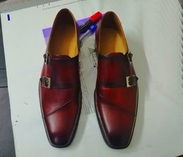 Handmade Men's Burgundy Double Monk Strap Leather Shoes, Men Designer Dress Formal Luxury Shoes - theleathersouq