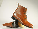 Handmade Men's Brown Cap Toe Leather Ankle Lace Up Boots, Men Designer Boots - theleathersouq