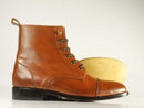 Handmade Men's Brown Cap Toe Leather Ankle Lace Up Boots, Men Designer Boots - theleathersouq