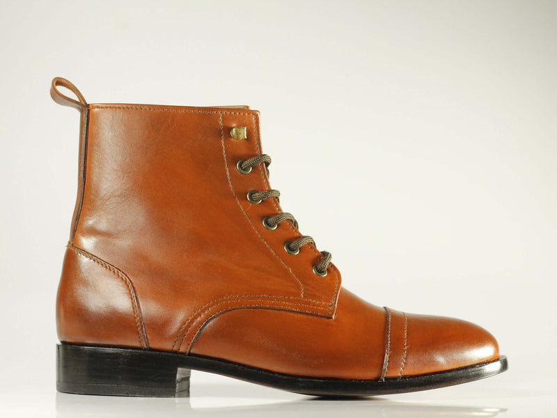 Handmade Men's Brown Cap Toe Leather Ankle Lace Up Boots, Men Designer Boots - theleathersouq