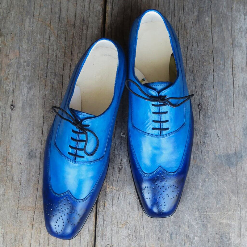 Handmade Men's Two Tone Blue Wing Tip Brogue Leather Lace Up Shoes, Men Designer Dress Formal Luxury Shoes - theleathersouq