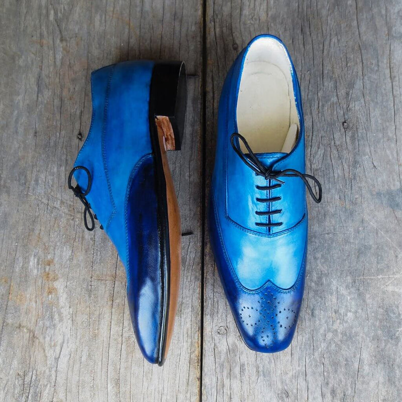 Handmade Men's Two Tone Blue Wing Tip Brogue Leather Lace Up Shoes, Men Designer Dress Formal Luxury Shoes - theleathersouq