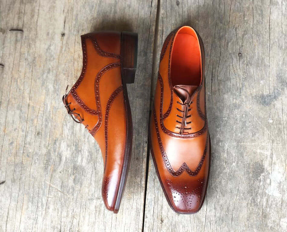 Handmade Men's Two Tone Brown Wing Tip Brogue Leather Lace Up Shoes, Men Designer Dress Formal Luxury Shoes - theleathersouq