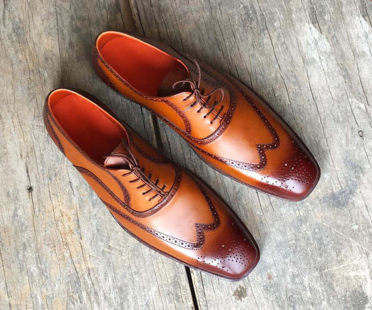 Handmade Men's Two Tone Brown Wing Tip Brogue Leather Lace Up Shoes, Men Designer Dress Formal Luxury Shoes - theleathersouq