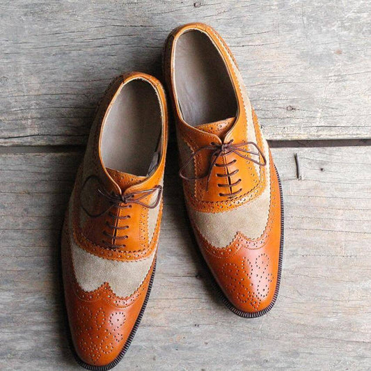 Handmade Men's Two Tone Tan Beige Wing Tip Brogue Leather Suede Lace Up Shoes, Men Designer Dress Formal Luxury Shoes - theleathersouq