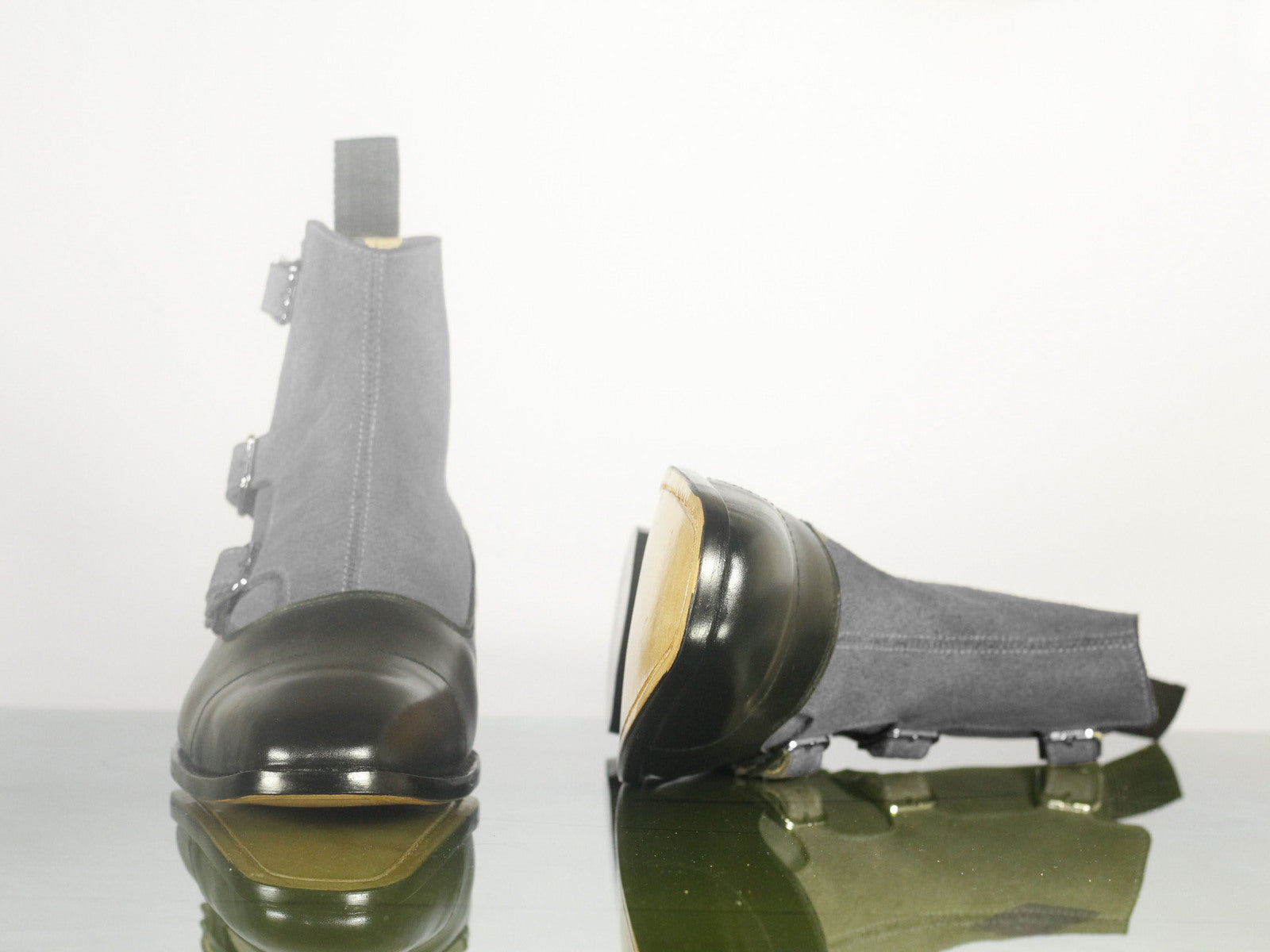 Handmade Men's Black Gray Cap Toe Leather Suede Ankle Triple Monk Strap Buckle Boots, Men Designer Boots - theleathersouq
