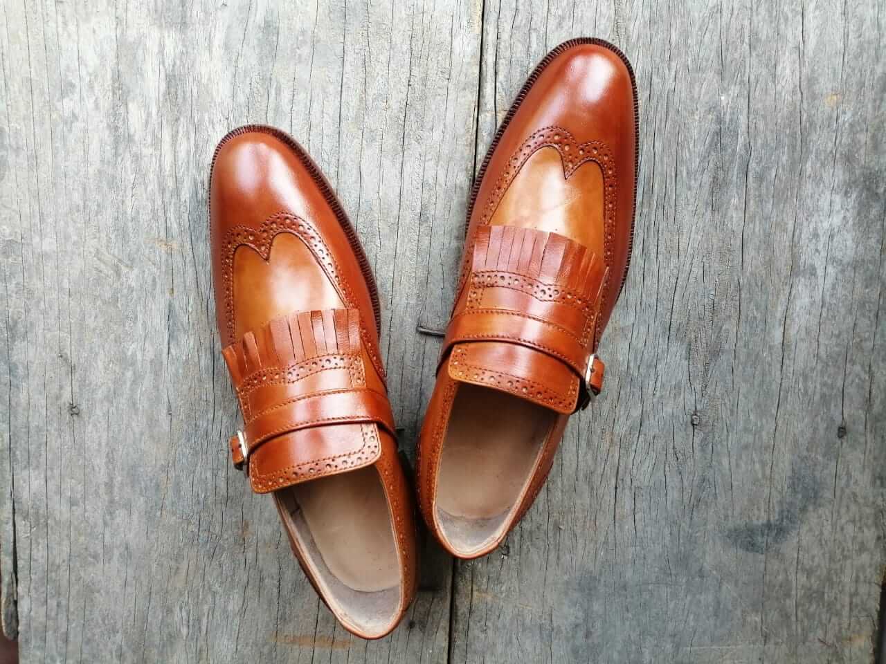 Handmade Men's Tan Brown Wing Tip Leather Fringes Monk Strap Shoes, Men Designer Dress Formal Luxury Shoes - theleathersouq