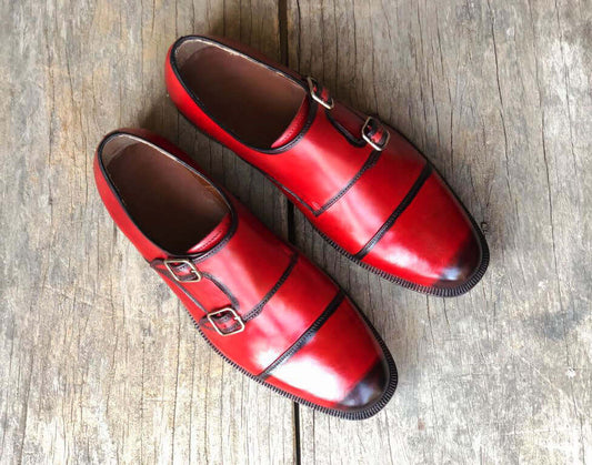 Handmade Men's Two Tone Red Leather Double Monk Strap Shoes, Men Designer Dress Formal Luxury Shoes - theleathersouq