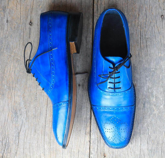 Handmade Men's Blue Cap Toe Brogue Leather Lace Up Shoes, Men Designer Dress Formal Luxury Shoes - theleathersouq