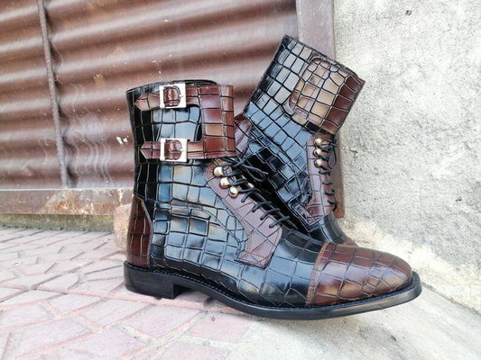 Elegant Men's Handmade Black Brown Alligator Textured Leather Boots, Men Fashion Ankle Boots