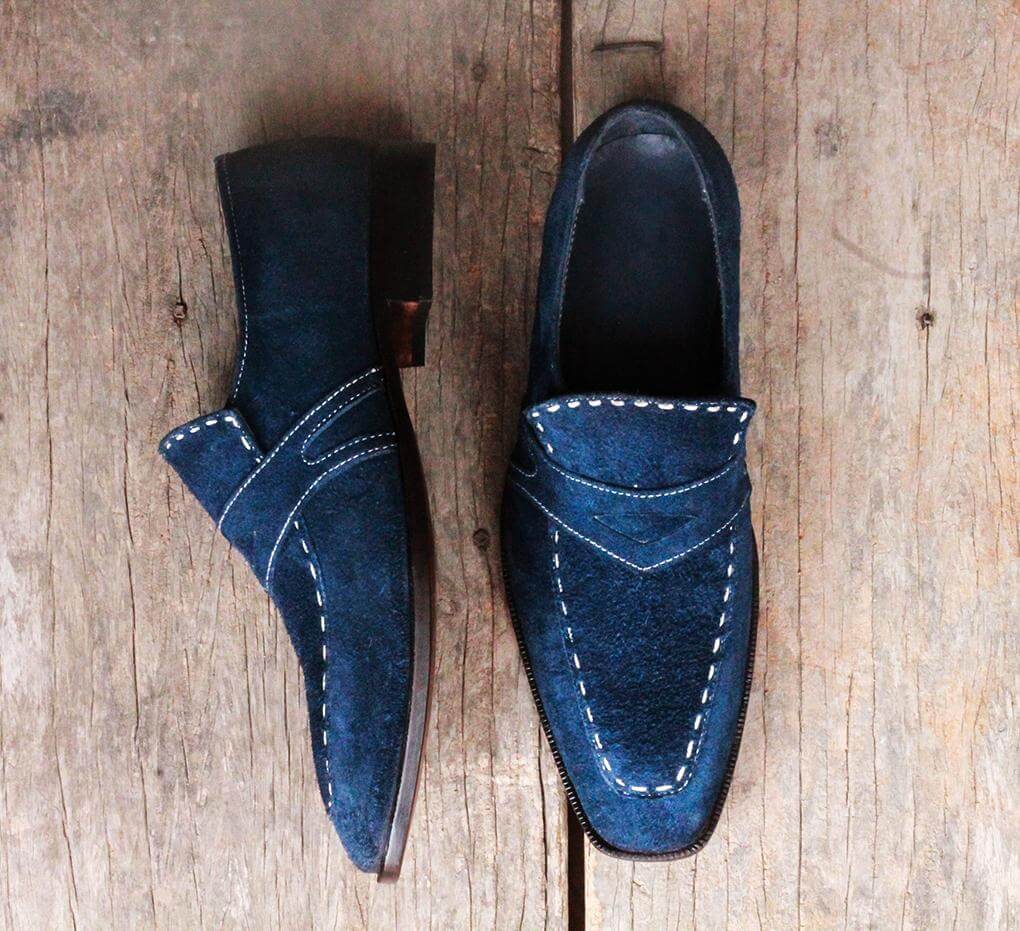 Handmade Men's Navy Blue Suede Penny Loafers, Men Designer Dress Formal Luxury Party Shoes - theleathersouq