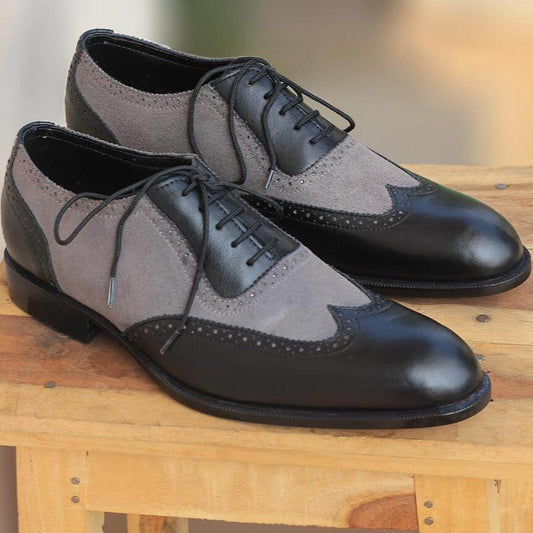 Handmade Men's Two Tone Black Gray Leather Suede Wing Tip Lace Up Shoes, Men Designer Dress Formal Luxury Shoes - theleathersouq