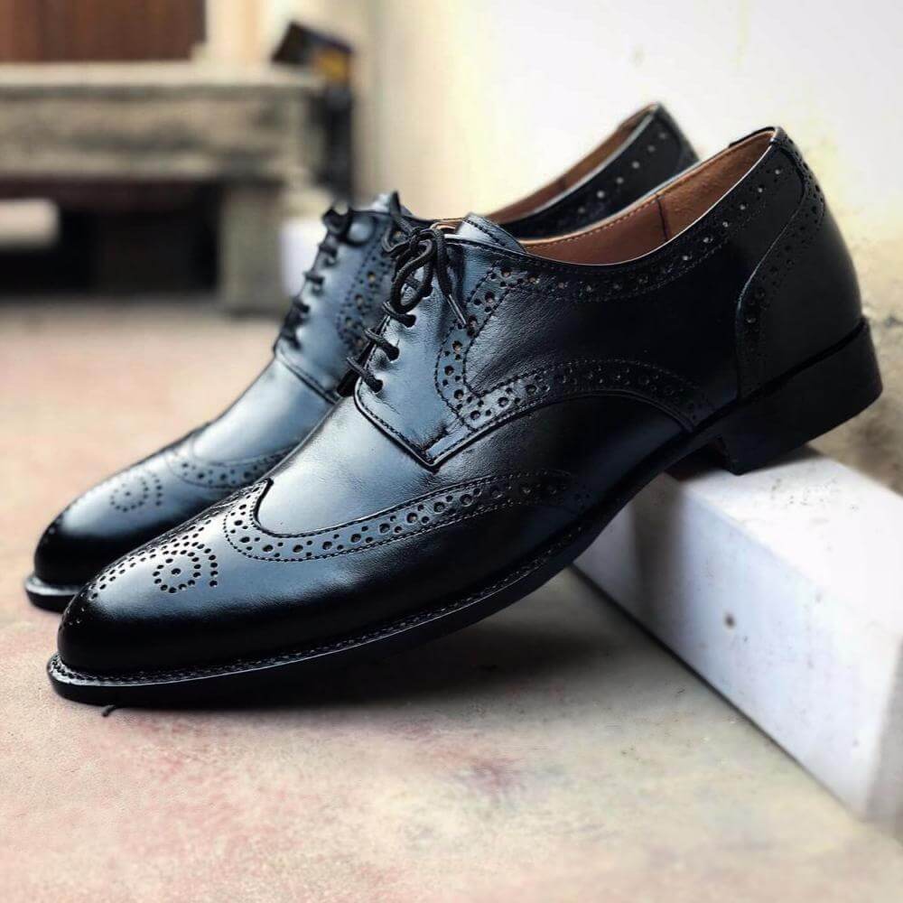 Handmade Men's Black Leather Wing Tip Brogue Lace Up Shoes, Men Designer Dress Formal Luxury Shoes - theleathersouq