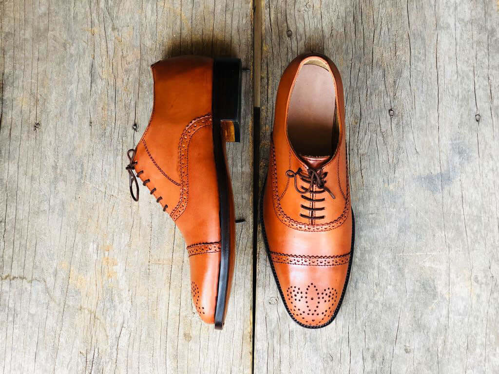 Handmade Men's Tan Cap Toe Brogue Leather Lace Up Shoes, Men Designer Dress Formal Luxury Shoes - theleathersouq