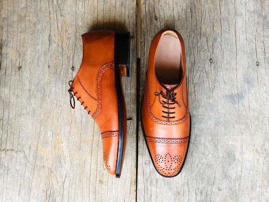 Handmade Men's Tan Cap Toe Brogue Leather Lace Up Shoes, Men Designer Dress Formal Luxury Shoes - theleathersouq