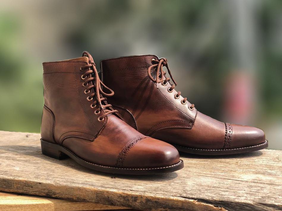 Handmade Men's Rusty Antique Brown Leather Cap Toe Lace Up Boots, Men Ankle  Boots, Men Designer Fashion Boots