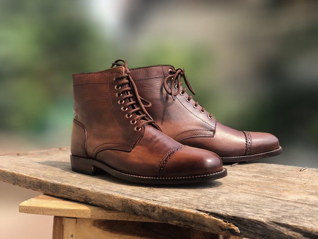 Handmade Men's Rusty Antique Brown Leather Cap Toe Lace Up Boots, Men Ankle Boots, Men Designer Fashion Boots - theleathersouq