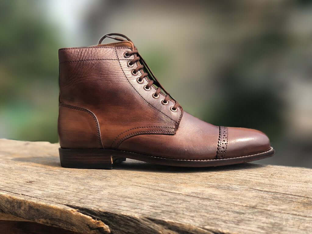 Handmade Men's Rusty Antique Brown Leather Cap Toe Lace Up Boots, Men Ankle Boots, Men Designer Fashion Boots - theleathersouq