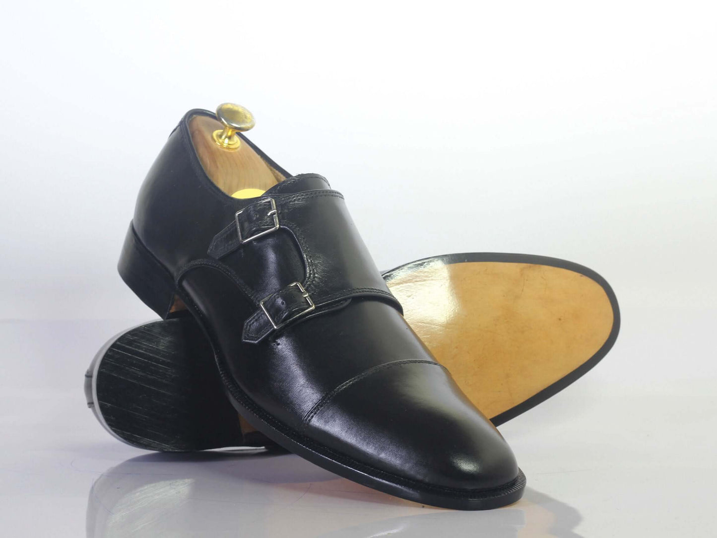 Handmade Men's Black Cap Toe Leather Double Monk Strap Shoes, Men Designer Dress Formal Luxury Shoes - theleathersouq