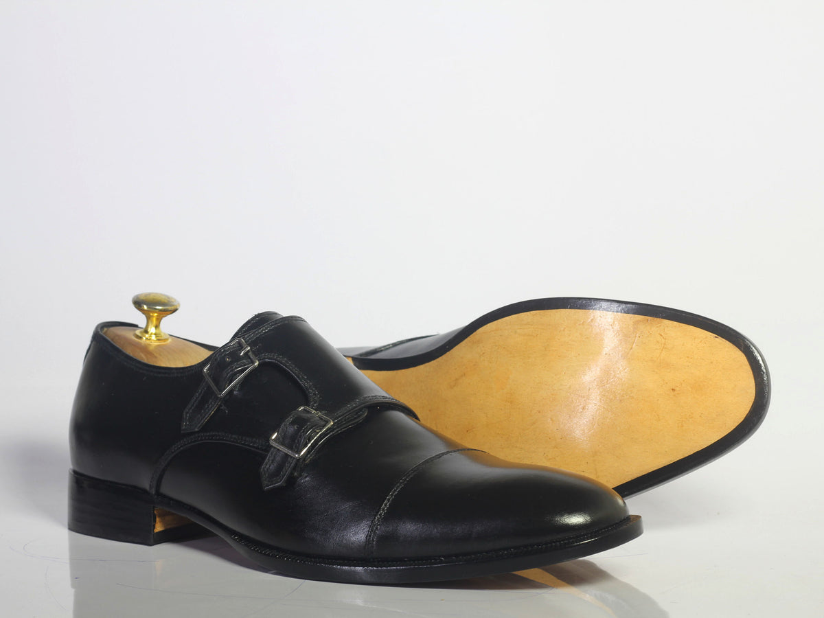 Handmade Men's Black Cap Toe Leather Double Monk Strap Shoes, Men Desi ...