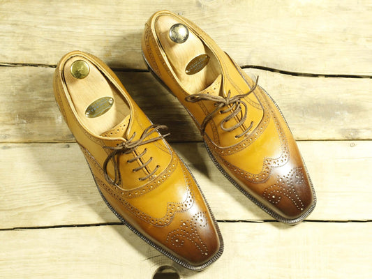 Men's Handmade Tan Leather Wing Tip Brogue Lace Up Shoes, Men Designer Dress Formal Luxury Shoes - theleathersouq