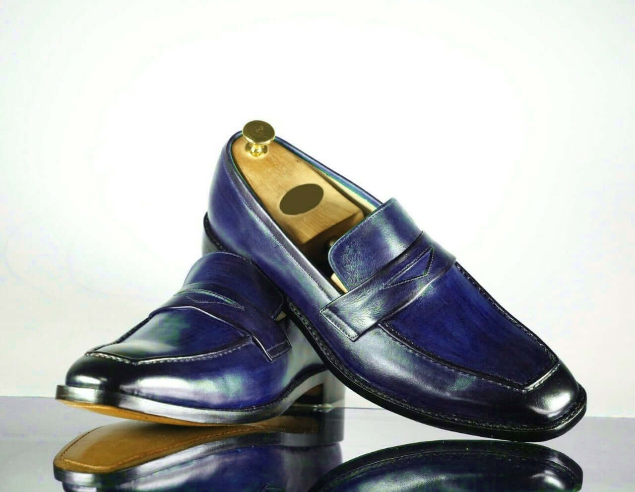 Men's Handmade Blue Leather Penny Loafer Shoes, Men Designer Dress Formal Luxury Shoes - theleathersouq