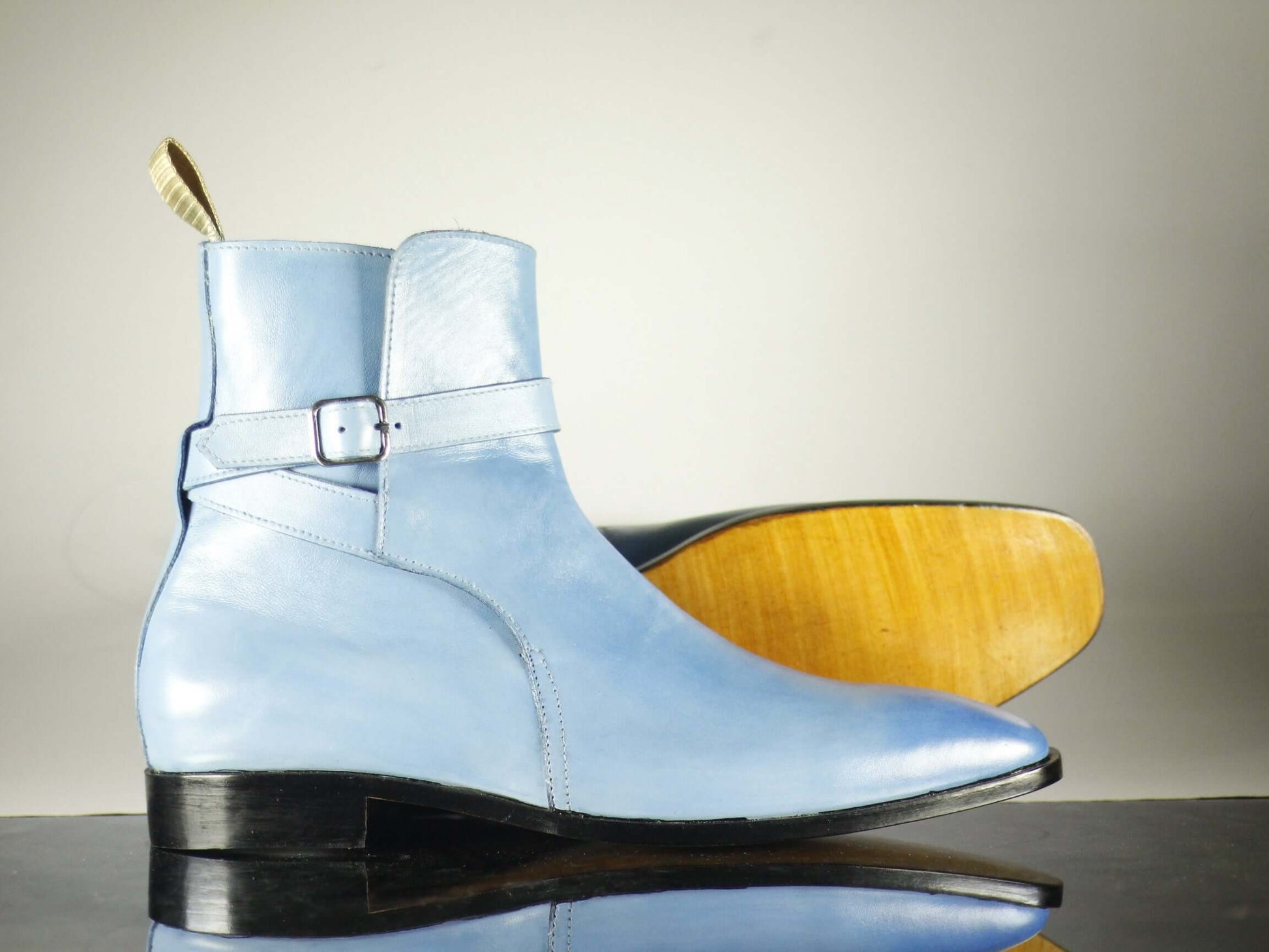 Handmade Men's Light Blue Jodhpur Leather Buckle Strap Boots, Men Ankle Boots, Men Designer Boots - theleathersouq