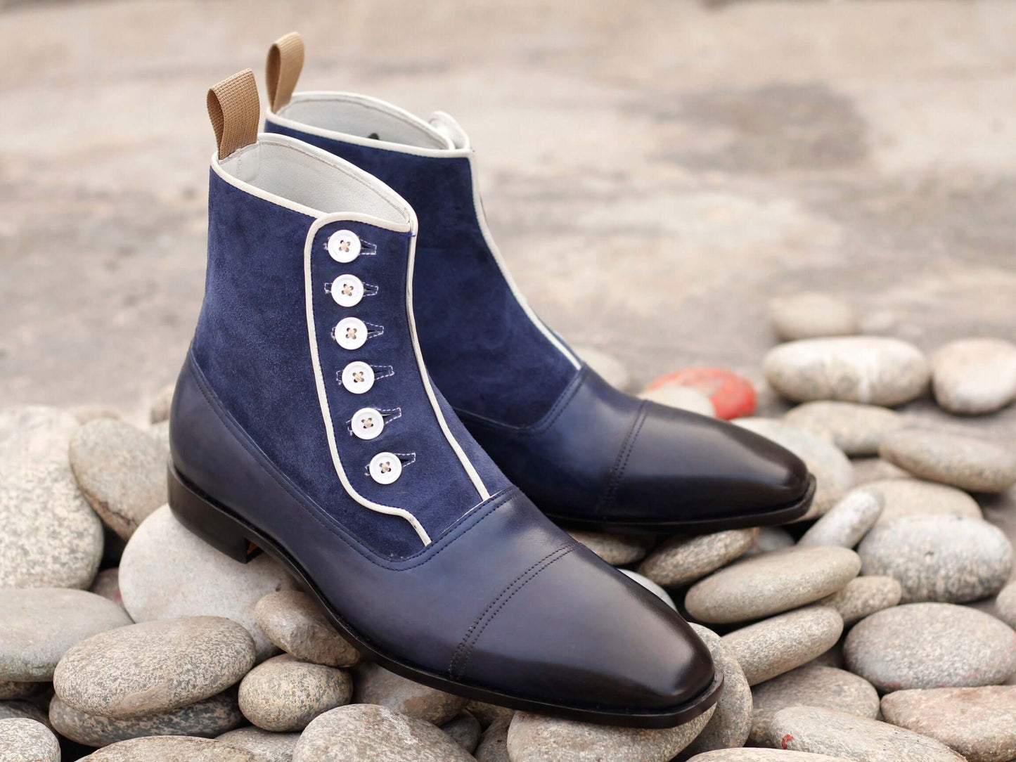 Handmade Men's Navy Blue Leather Suede Cap Toe Button Boots, Men Ankle Boots, Men Designer Boots - theleathersouq