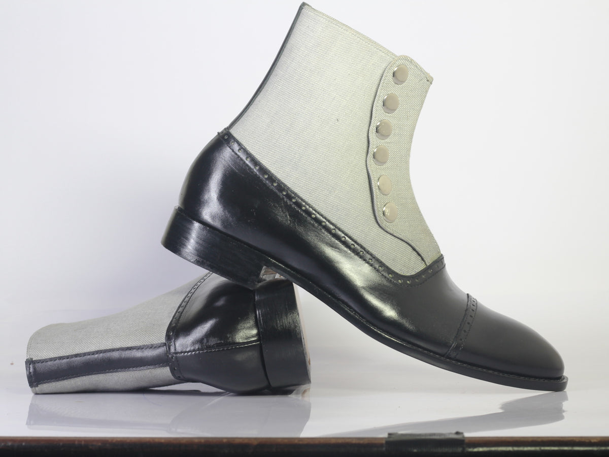 Handmade Men's Black White Leather Denim Cap Toe Button Boots, Men Ank ...