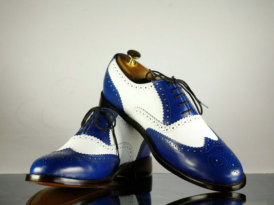 Handmade Men's Blue White Leather Wing Tip Brogue Lace Up Shoes, Men Designer Dress Formal Luxury Shoes - theleathersouq