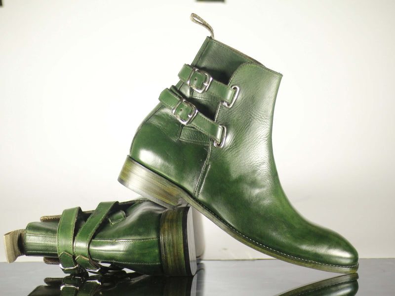 Handmade Men's Green Leather Jodhpurs Double Monk Strap Boots, Men Ankle Boots, Men Designer Boots - theleathersouq