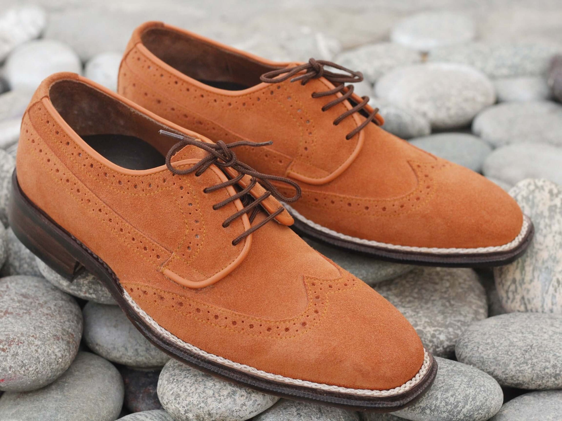 Handmade Men's Orange Color Suede Wing Tip Lace Up Shoes, Men Designer Dress Formal Luxury Shoes - theleathersouq