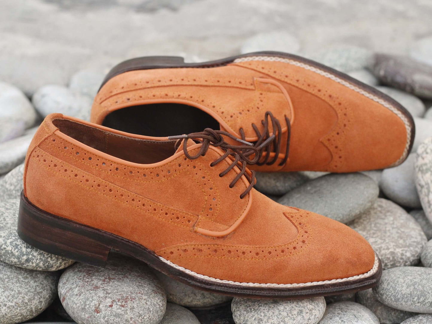 Handmade Men's Orange Color Suede Wing Tip Lace Up Shoes, Men Designer Dress Formal Luxury Shoes - theleathersouq