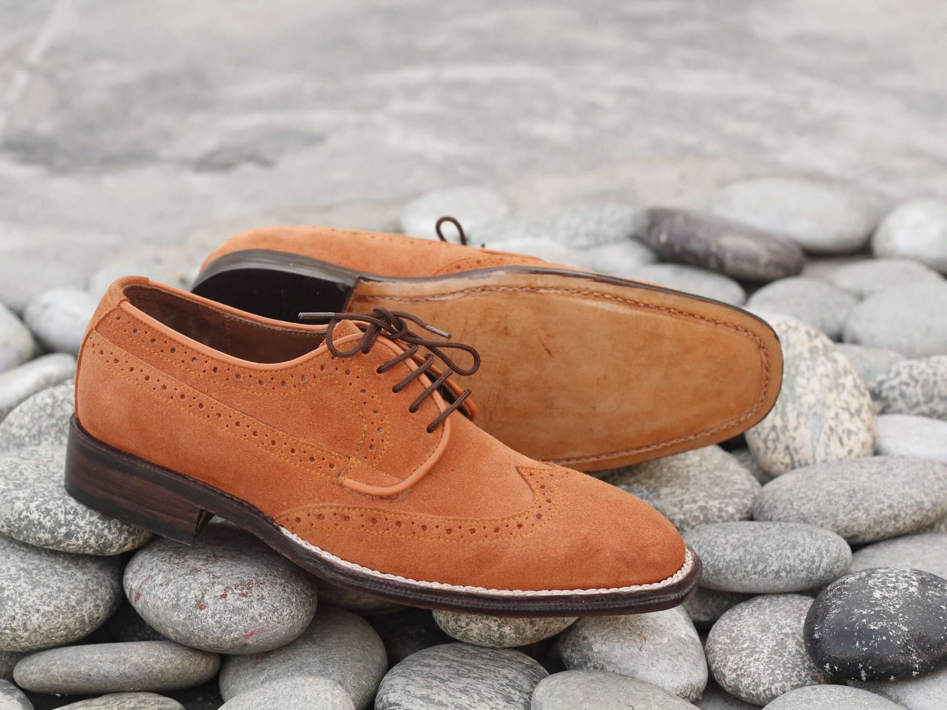 Handmade Men's Orange Color Suede Wing Tip Lace Up Shoes, Men Designer Dress Formal Luxury Shoes - theleathersouq