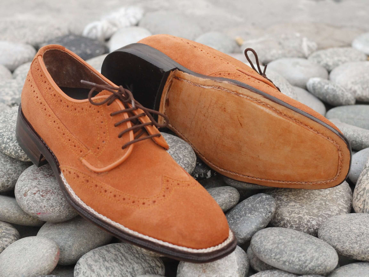 Handmade Men's Orange Color Suede Wing Tip Lace Up Shoes, Men Designer Dress Formal Luxury Shoes - theleathersouq