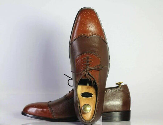 New Handmade Men's Two Tone Brown Leather Cap Toe Brogue Lace Up Shoes, Men Designer Dress Formal Luxury Shoes - theleathersouq