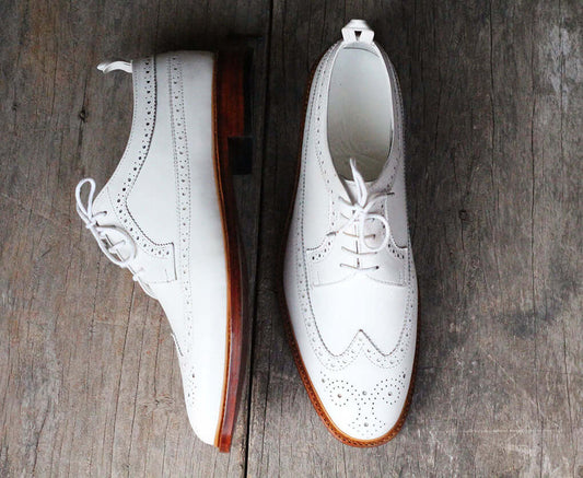 Handmade Men's White Leather Wing Tip Brogue Lace Up Shoes, Men Designer Dress Formal Luxury Shoes - theleathersouq