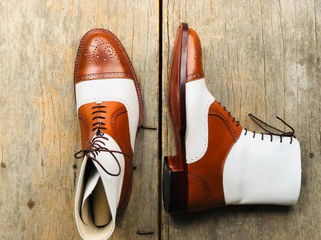 Men's Handmade Tan & White Boots, Men's Lace Up Wing Tip Brogue Leather Boots - theleathersouq