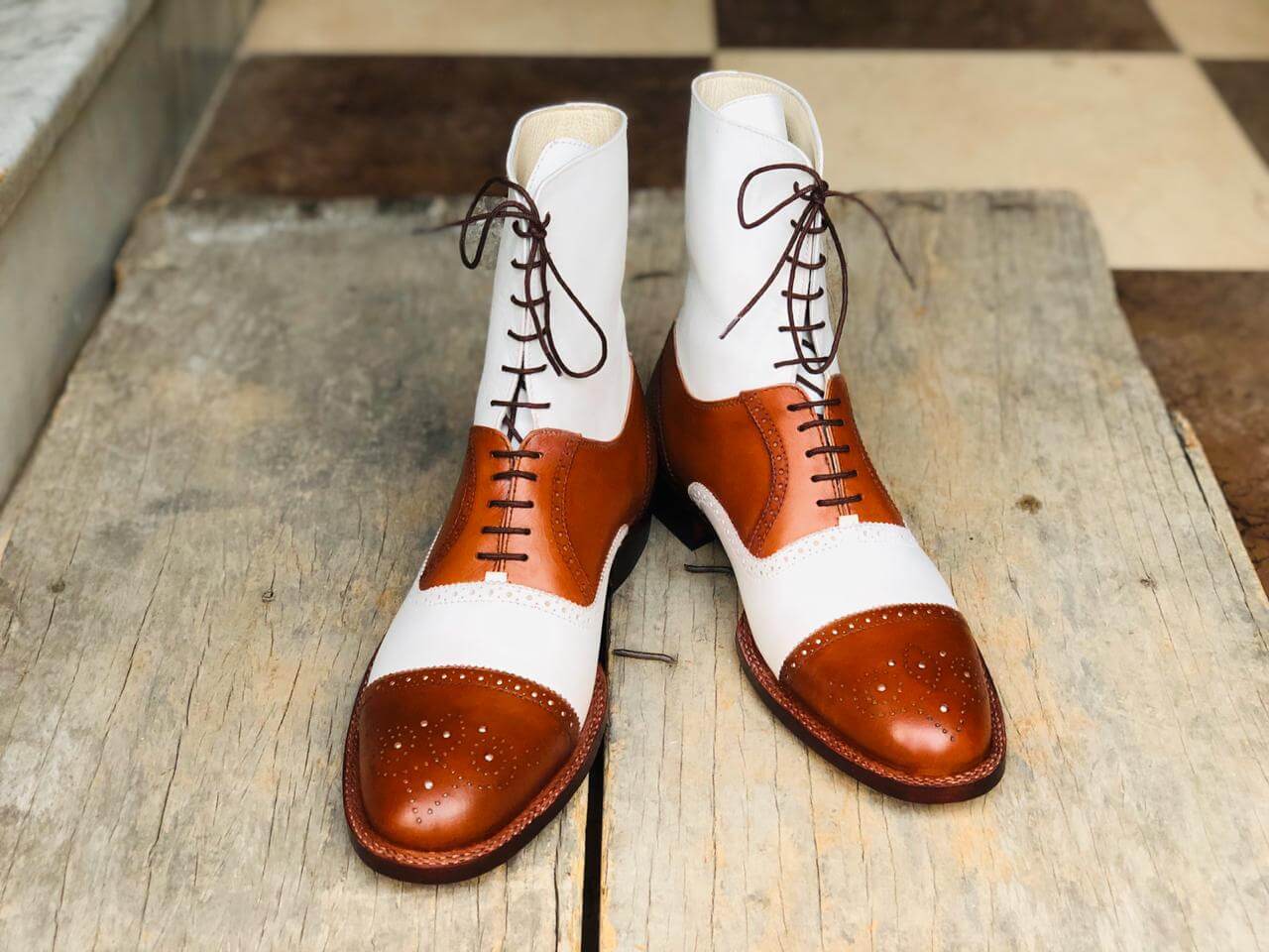 Men's Handmade Tan & White Boots, Men's Lace Up Wing Tip Brogue Leather Boots - theleathersouq