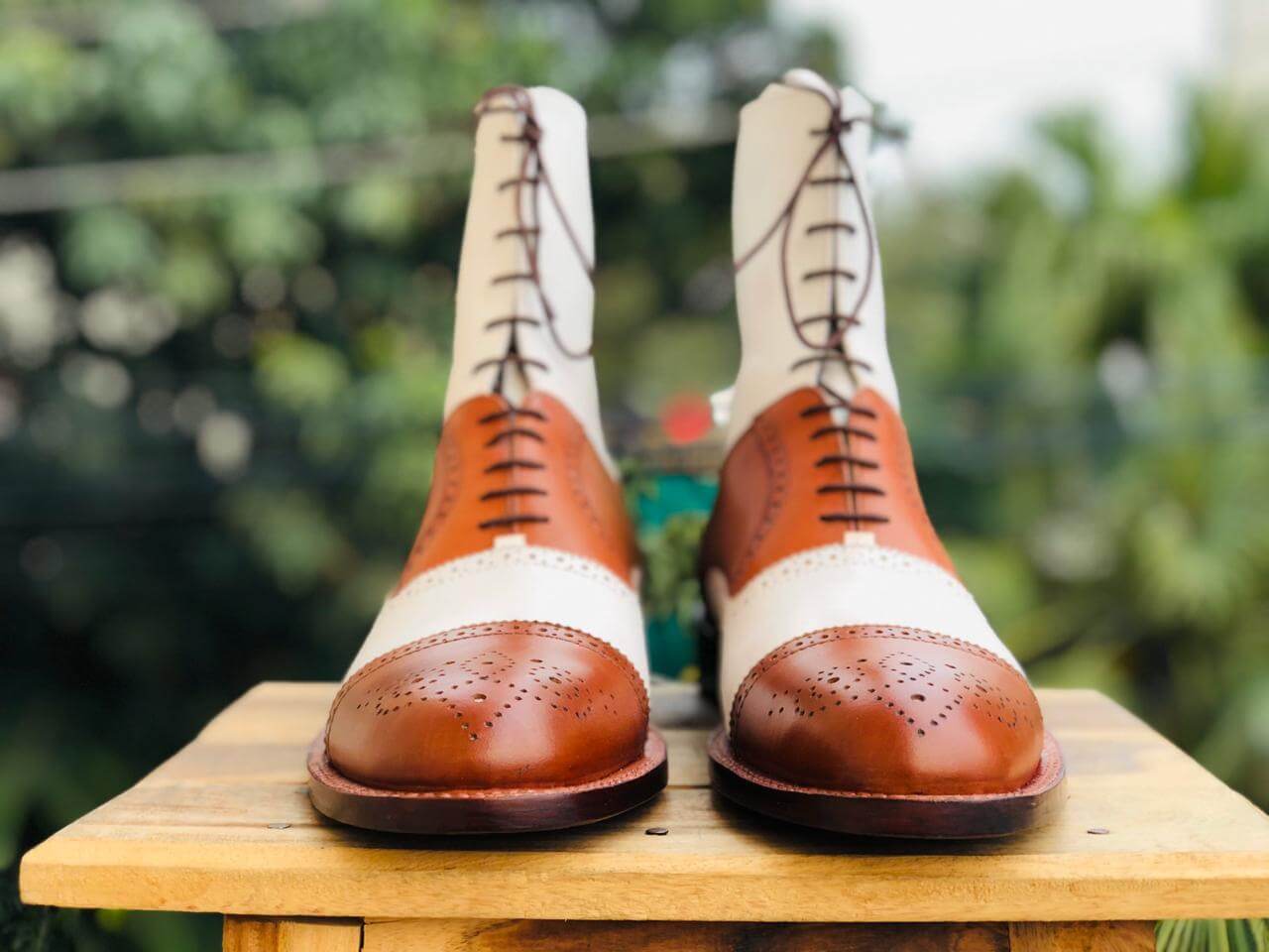 Men's Handmade Tan & White Boots, Men's Lace Up Wing Tip Brogue Leather Boots - theleathersouq