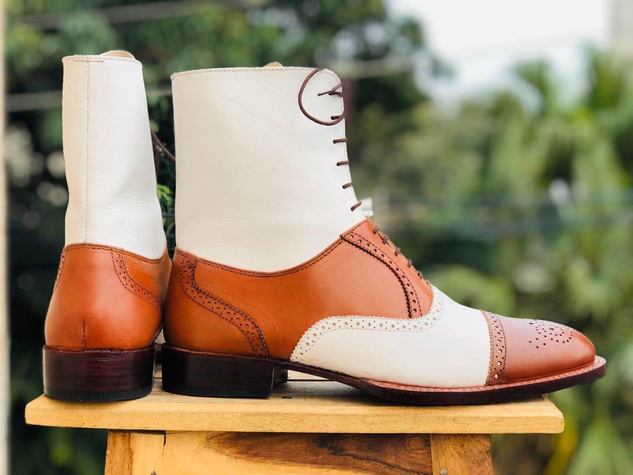 Men's Handmade Tan & White Boots, Men's Lace Up Wing Tip Brogue Leather Boots - theleathersouq