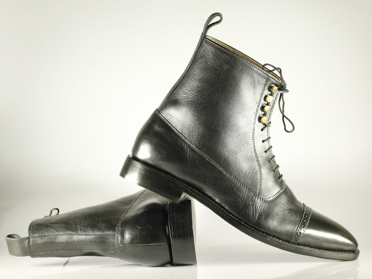 Handmade Men's Black Leather Cap Toe Lace Up Boots, Men Ankle Boots, M ...
