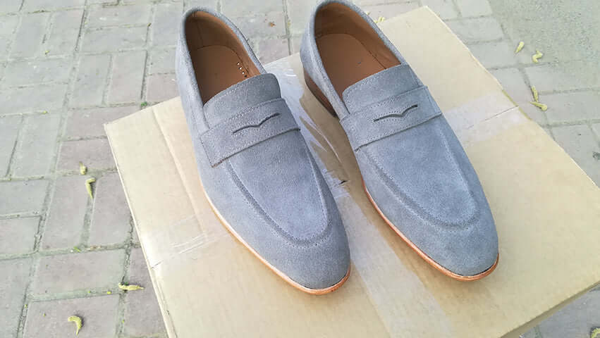 Handmade Men's Gray Suede Penny Loafers, Men Designer Dress Luxury Shoes - theleathersouq