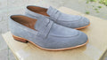 Handmade Men's Gray Suede Penny Loafers, Men Designer Dress Luxury Shoes - theleathersouq