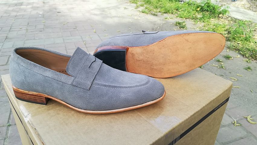 Handmade Men's Gray Suede Penny Loafers, Men Designer Dress Luxury Shoes - theleathersouq